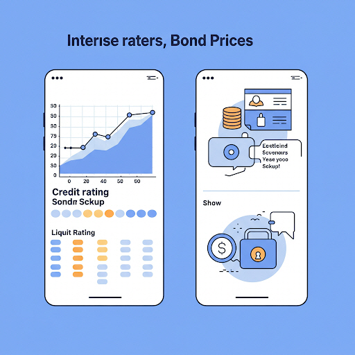 금리, 채권가격 반비례 그래프, 신용등급 스케일, 유동성 잠김 아이콘