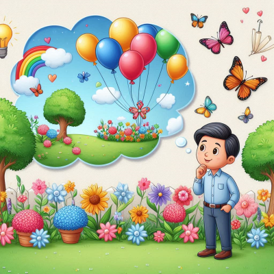 꽃과 나비가 가득한 정원을 바라보며 상상하는 아이의 모습입니다.