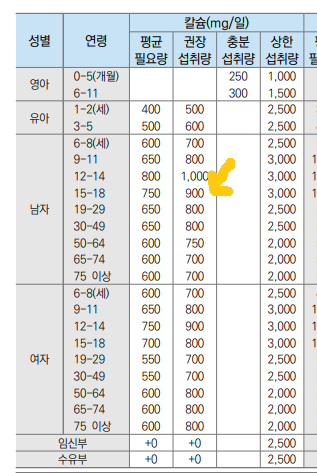 칼슘 권장섭취량 900
