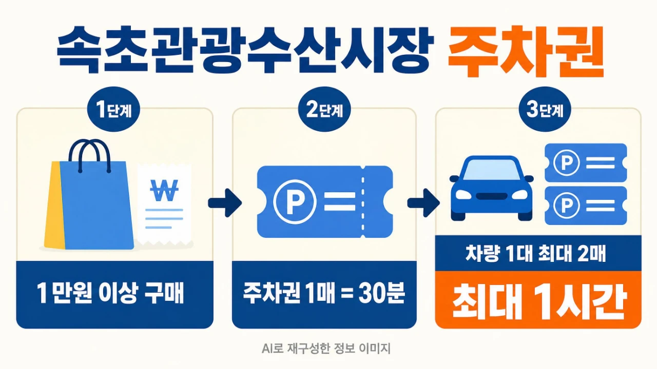 속초중앙시장 1만원 이상 구매 시 주차권 1매 30분 차량 1대 최대 2매 사용 안내