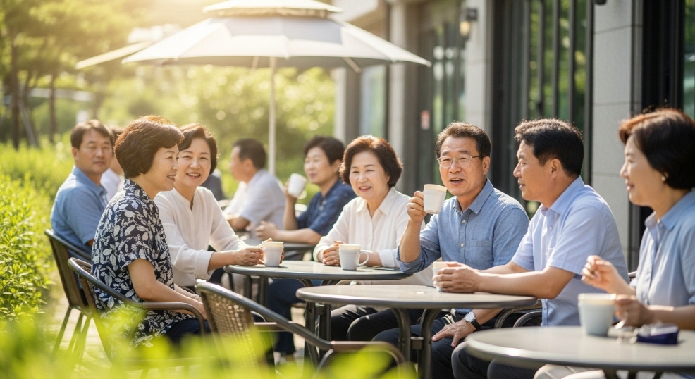 밝은 햇살 아래 커피를 마시는 시민