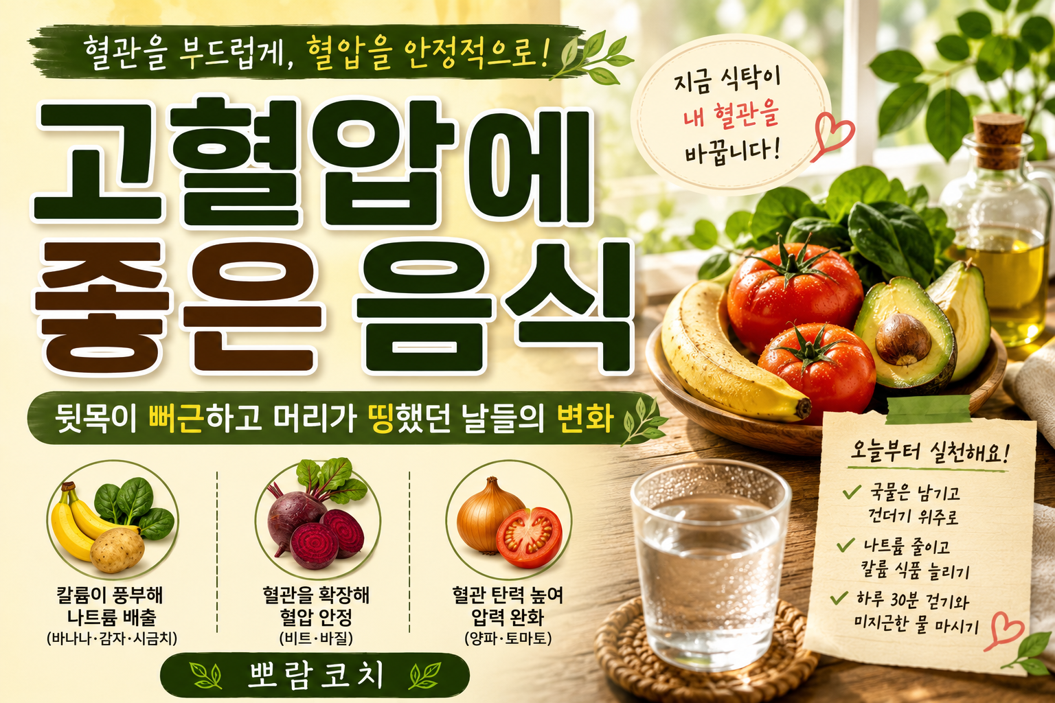 햇살이 잘 드는 식탁 위에 신선한 빨간 토마토와 바나나, 아보카도가 정갈하게 담긴 모습