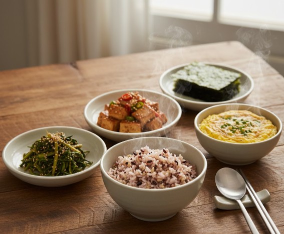 나물무침, 두부조림, 달걀찜, 김구이, 잡곡밥