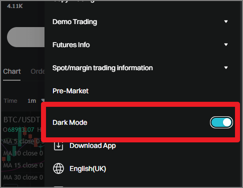 비트겟 모바일 다크 모드 설정