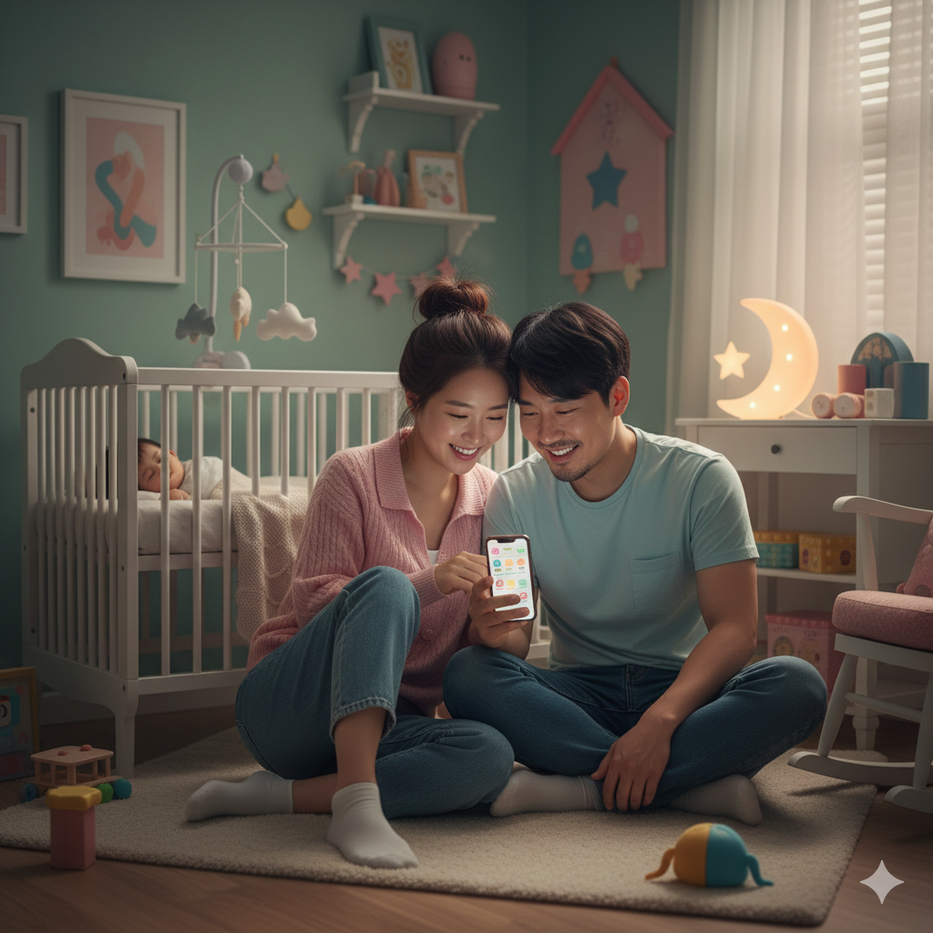 육아에 지친 초보 부모가 스마트폰 육아 앱을 보며 안도하는 따뜻한 분위기의 삽화