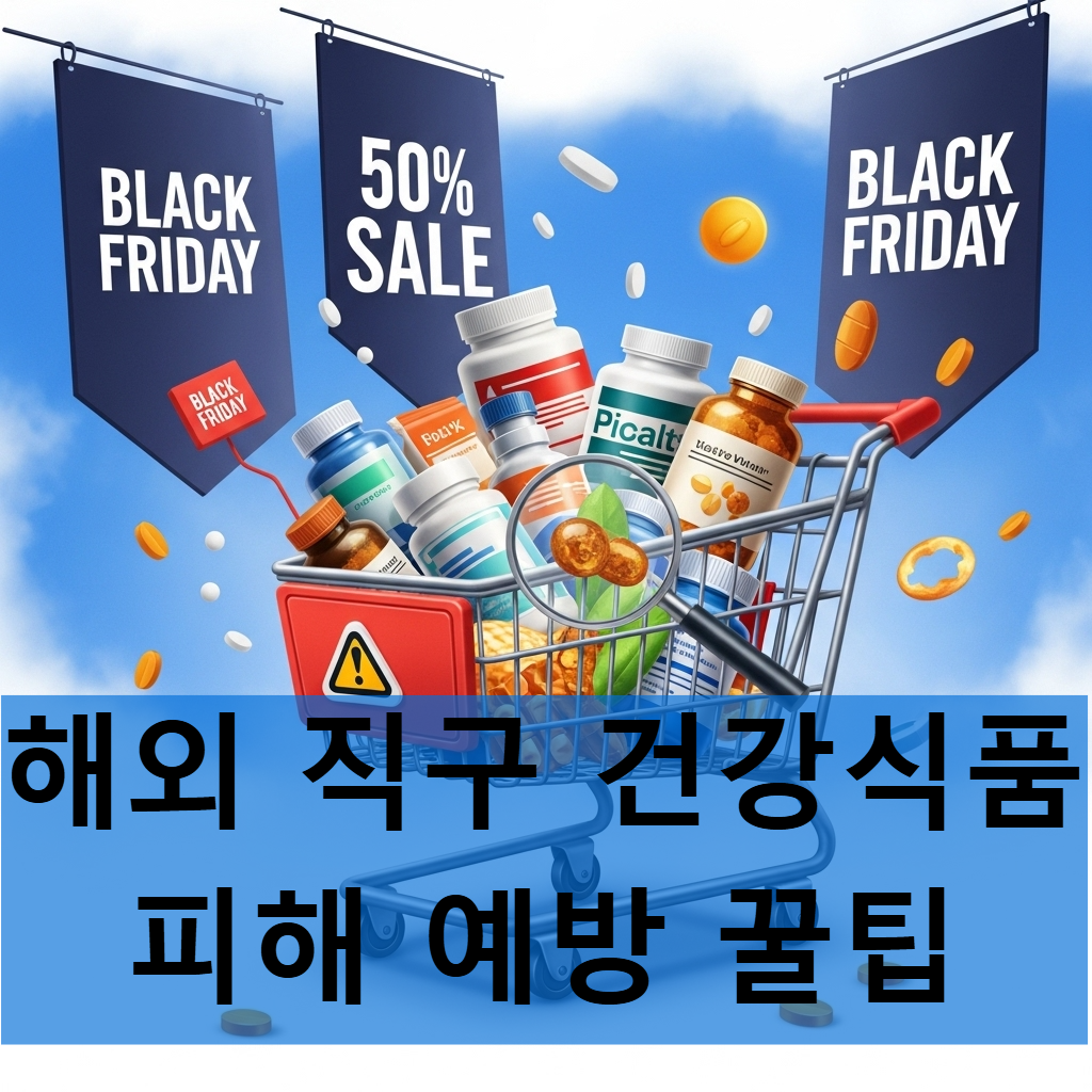 2025년 블랙프라이데이 해외직구 건강식품 쇼핑 시 성분 확인, 유통기한 점검, 사기 사이트 주의를 강조하는 이미지.