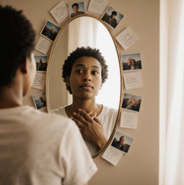 거울 앞에 선 인물이 거울 속 자신의 눈을 마주 보며 손을 가슴에 얹고 있는 모습