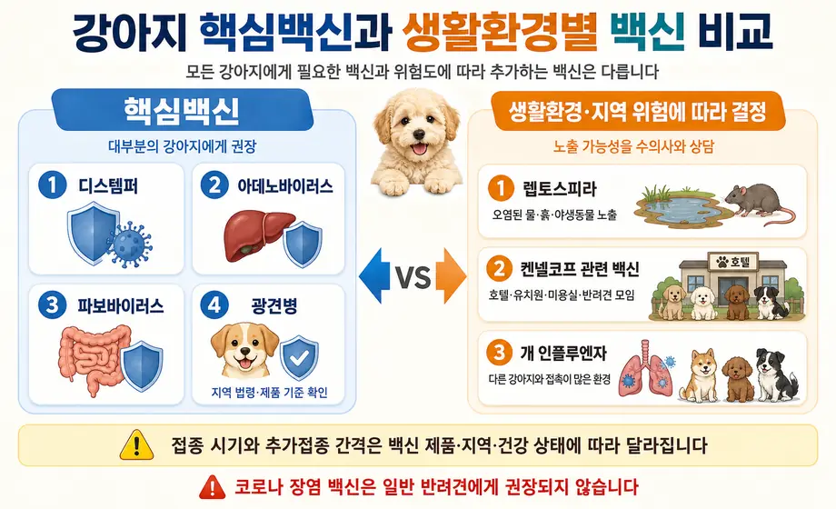 강아지 핵심백신인 디스템퍼&middot;아데노바이러스&middot;파보바이러스&middot;광견병과 생활환경에 따라 접종하는 렙토스피라&middot;켄넬코프&middot;인플루엔자 백신 비교