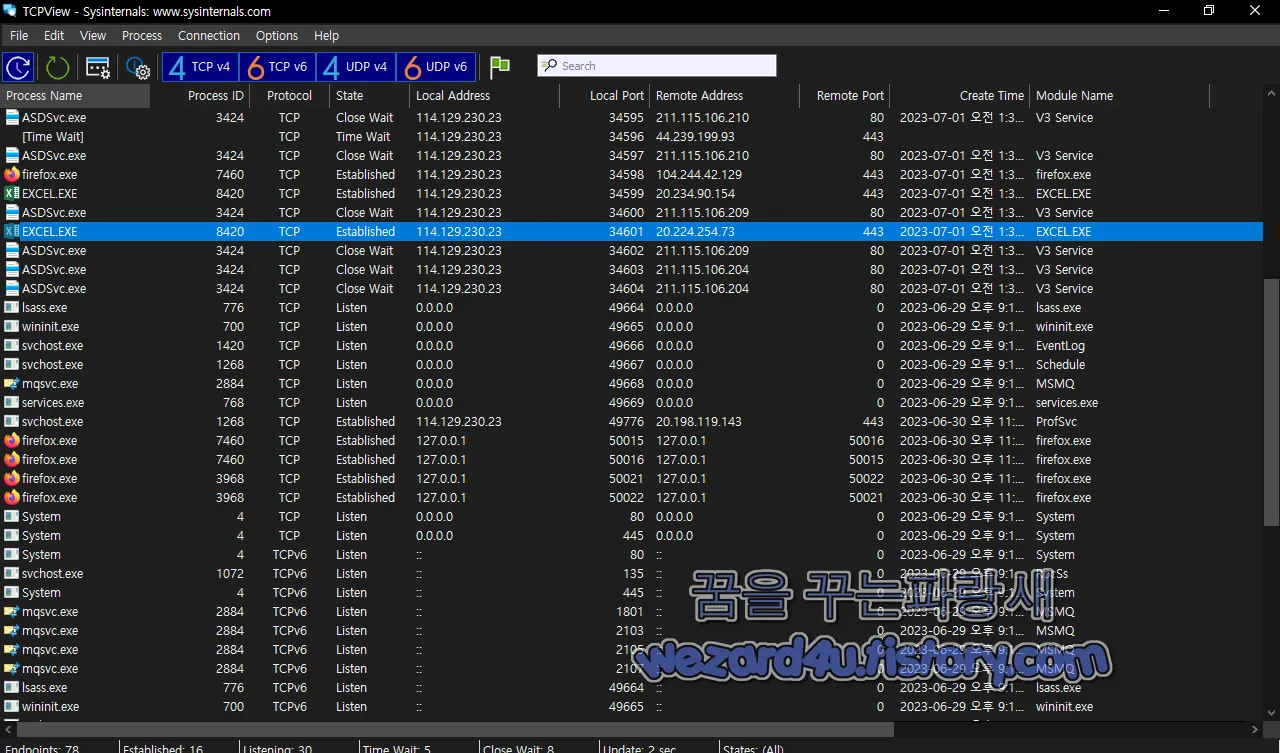 Tcpview 본 악성코드 네트워크 활동