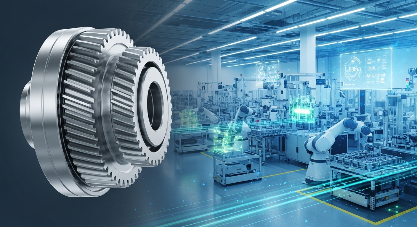 로봇 부품(감속기)과 로봇이 움직이는 스마트 팩토리의 이미지를 합성하여 기술력을 강조