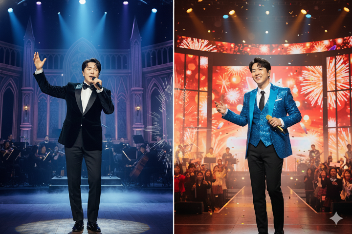 에녹이 뮤지컬 무대와 트로트 무대에서 노래하는 모습이 대비되는 이미지