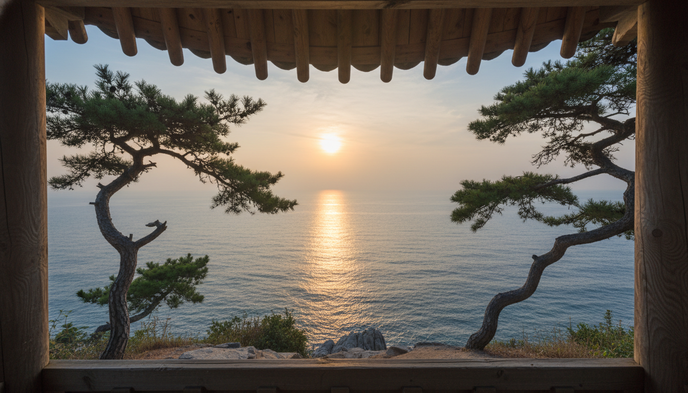 울진 망양정 정자에서 바라보는 탁 트인 동해 바다의 평화로운 일출