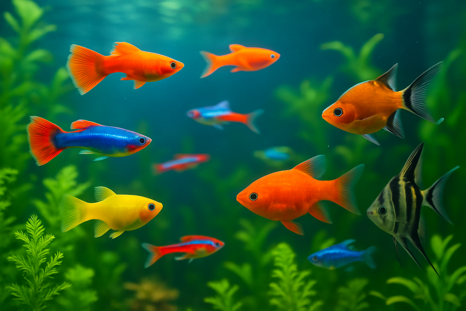 화려한 색상의 다양한 열대어가 수조 안에서 유영하는 모습