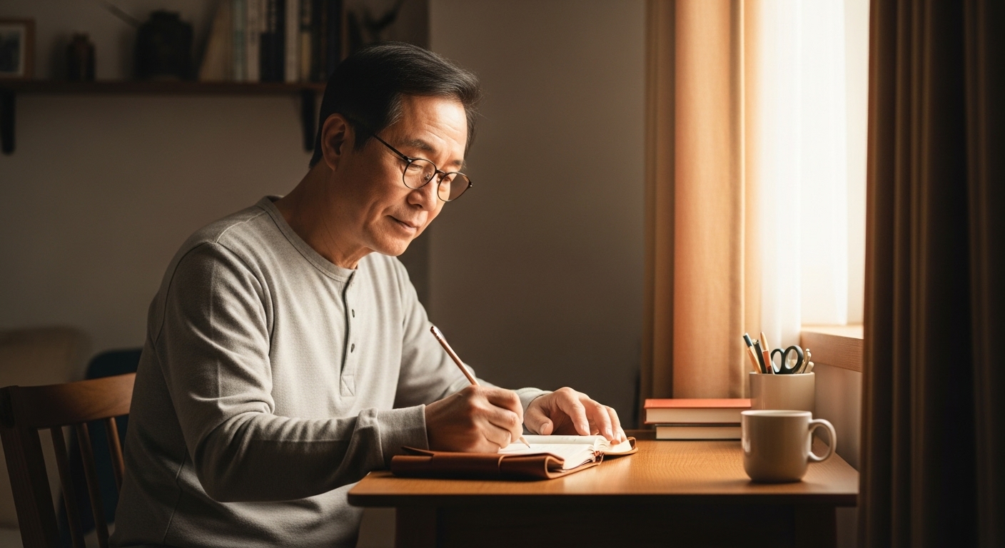 창가 책상에서 공책에 글자를 써 내려가는 70대 남성의 모습