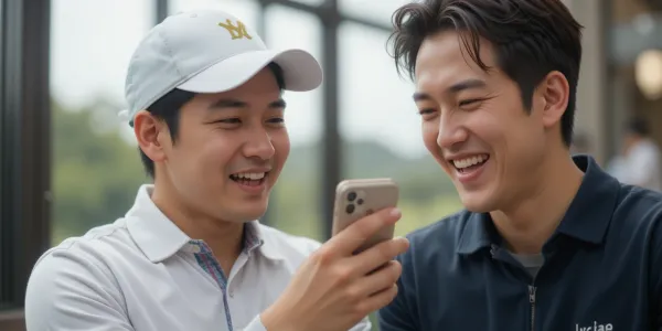 스마트폰으로 스크린골프 가격을 비교하며 즐거워하는 두 남성 친구
