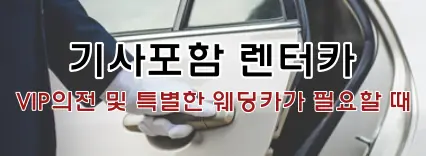 렌트카-
좌측 검은양복 흰장갑의 손이 흰색 차문을 열고 있는 모습
이미지 중앙 검은 큰글씨 기사포함 렌터카
아래 빨간글씨 VIP의전 및 특별한 웨딩카가 필요할 때