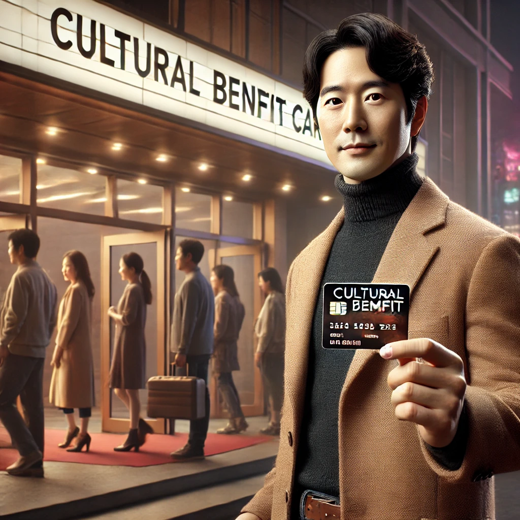 공연장 앞에서 문화누리카드를 들고 있는 한국 남성.