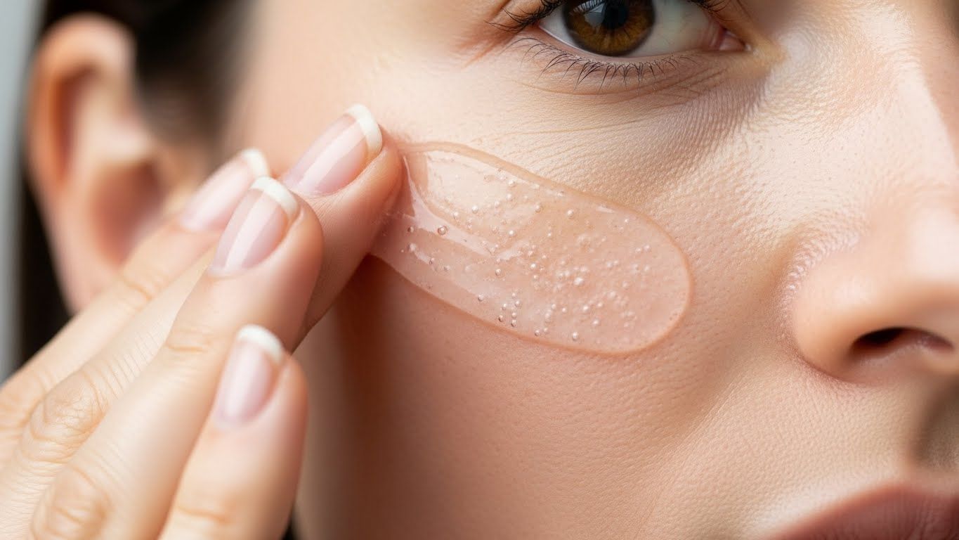 깨끗한 얼굴, 특히 뺨 부위에 투명하고 수분이 풍부한 젤을 부드럽게 바르고 미용 기기를 준비하는 손의 클로즈업 고각 촬영