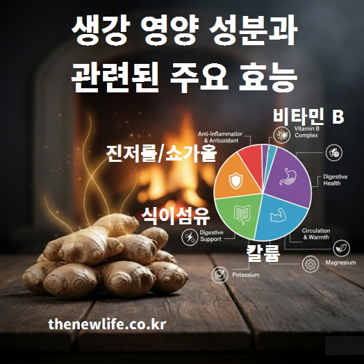 생강 영양 성분과 주요 효능 인포그래픽 이미지-진저롤·쇼가올·비타민 B·칼륨
