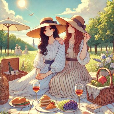 모자를 쓰고 긴 옷을 입고 햇빛 아래에서 피크닉을 하고 있는 여성 2명