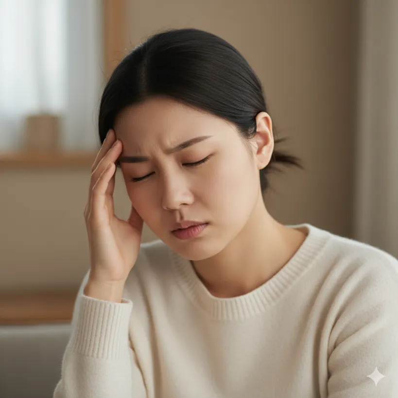 오메가3 복용 시 발생할 수 있는 부작용을 표현하는, 살짝 불편해하는 표정의 여성 이미지. (부작용에 대한 경각심 유발)