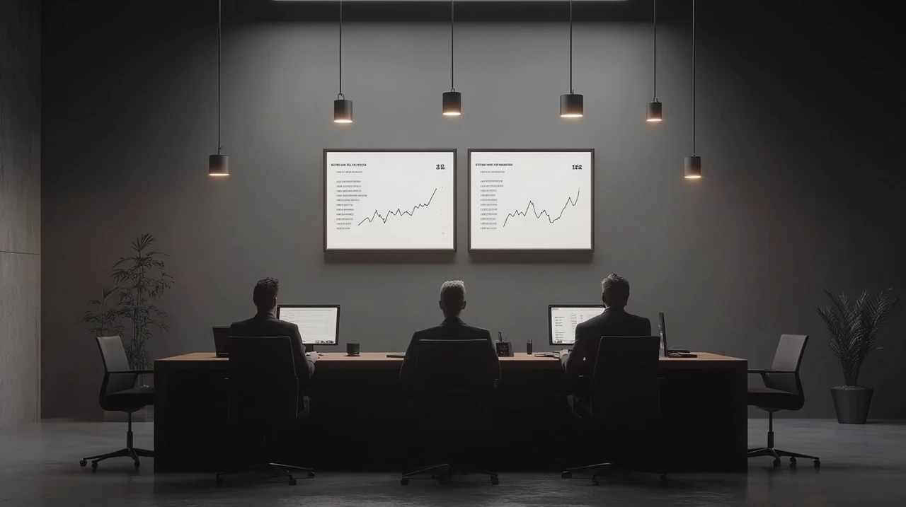 세련된 회의실에서 주식시장 전략의 위험 분석을 논의하는 중급 투자자들, 위험을 나타내는 차트와 우아한 조명이 세련된 분위기를 제공