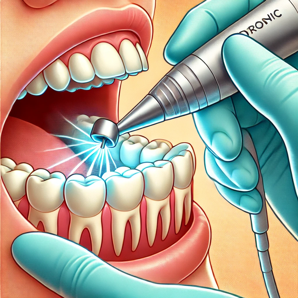 치석 제거 도구가 치아를 깨끗하게 하는 장면