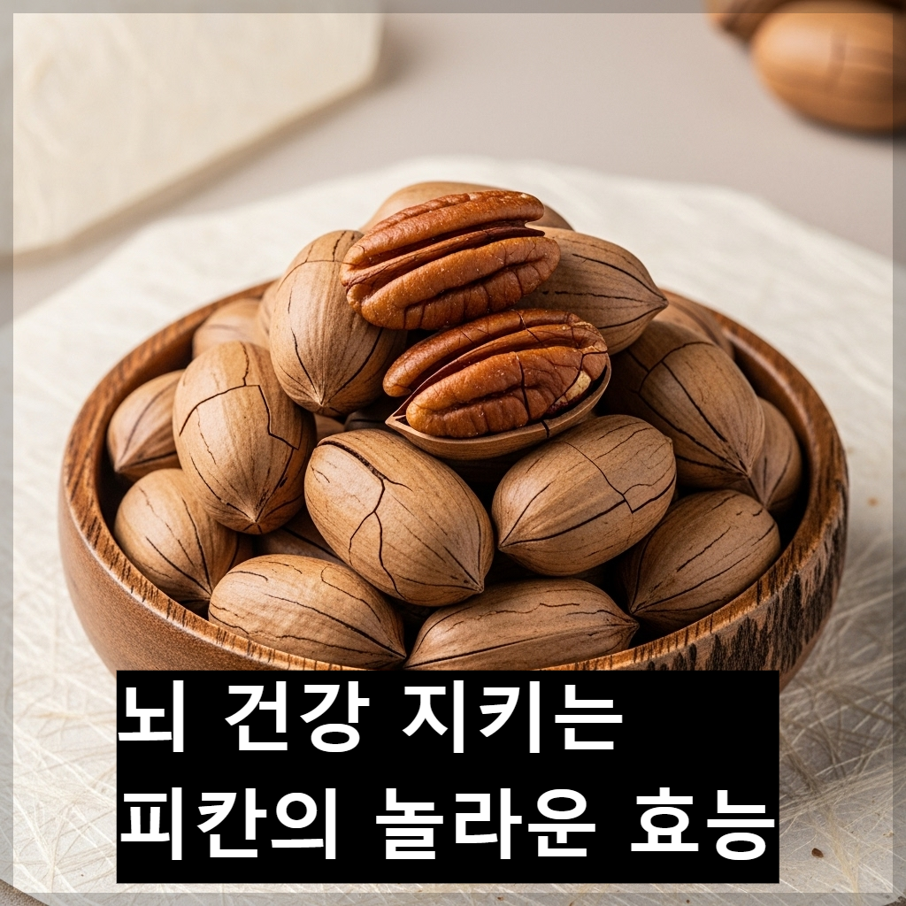 신선하고 먹음직스러운 피칸이 듬뿍 담긴 한국 전통 나무 그릇(Korean wooden bowl) 일러스트
