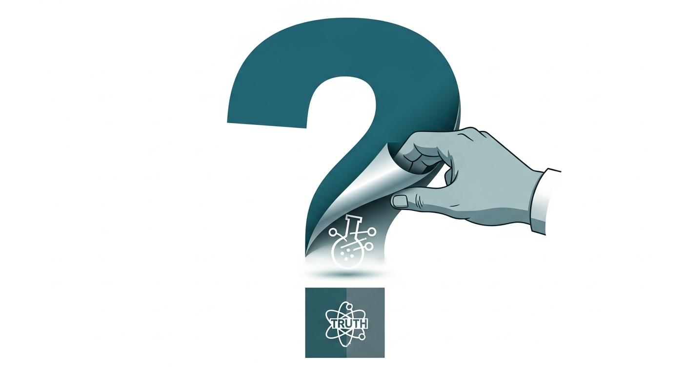 애플사이다비니거에 대한 흔한 오해가 과학적 진실로 밝혀지는 모습을 상징하는 그림. 의문 부호가 걷히고 명확한 진실이 드러나는 이미지입니다.