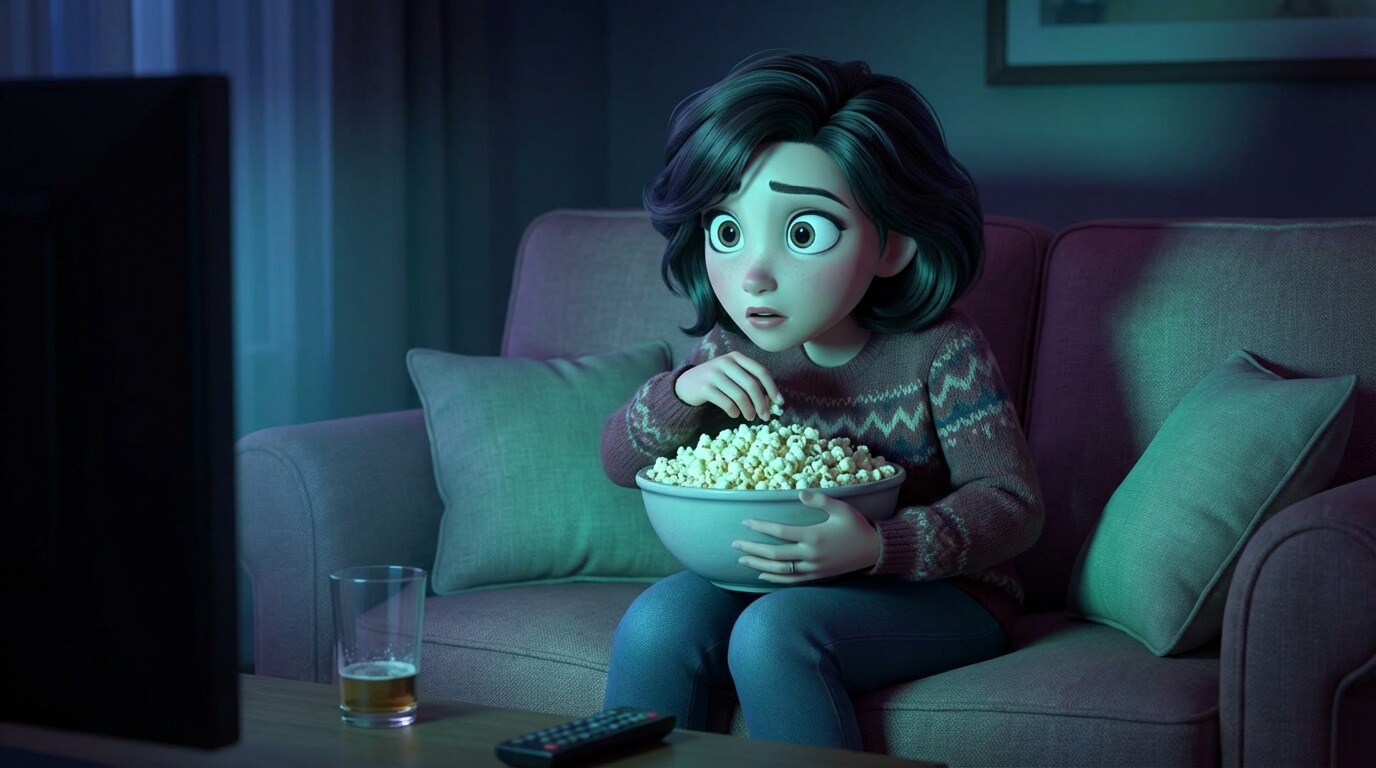 늦은 밤, 미스터리 스릴러 영화에 깊이 몰입하여 팝콘을 들고 긴장된 표정으로 TV를 바라보는 3D 엄마 캐릭터. 육아 스트레스를 잊는 몰입의 순간.