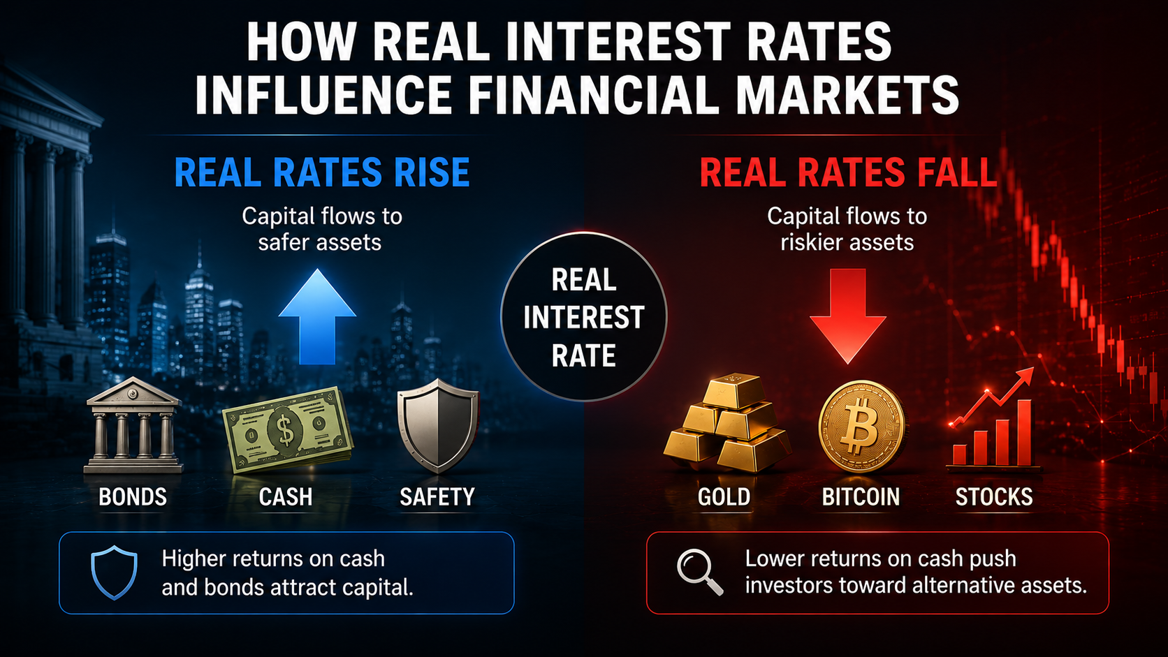 Infographic showing capital flows between safe assets and risk assets during rising and falling real interest rate environments.