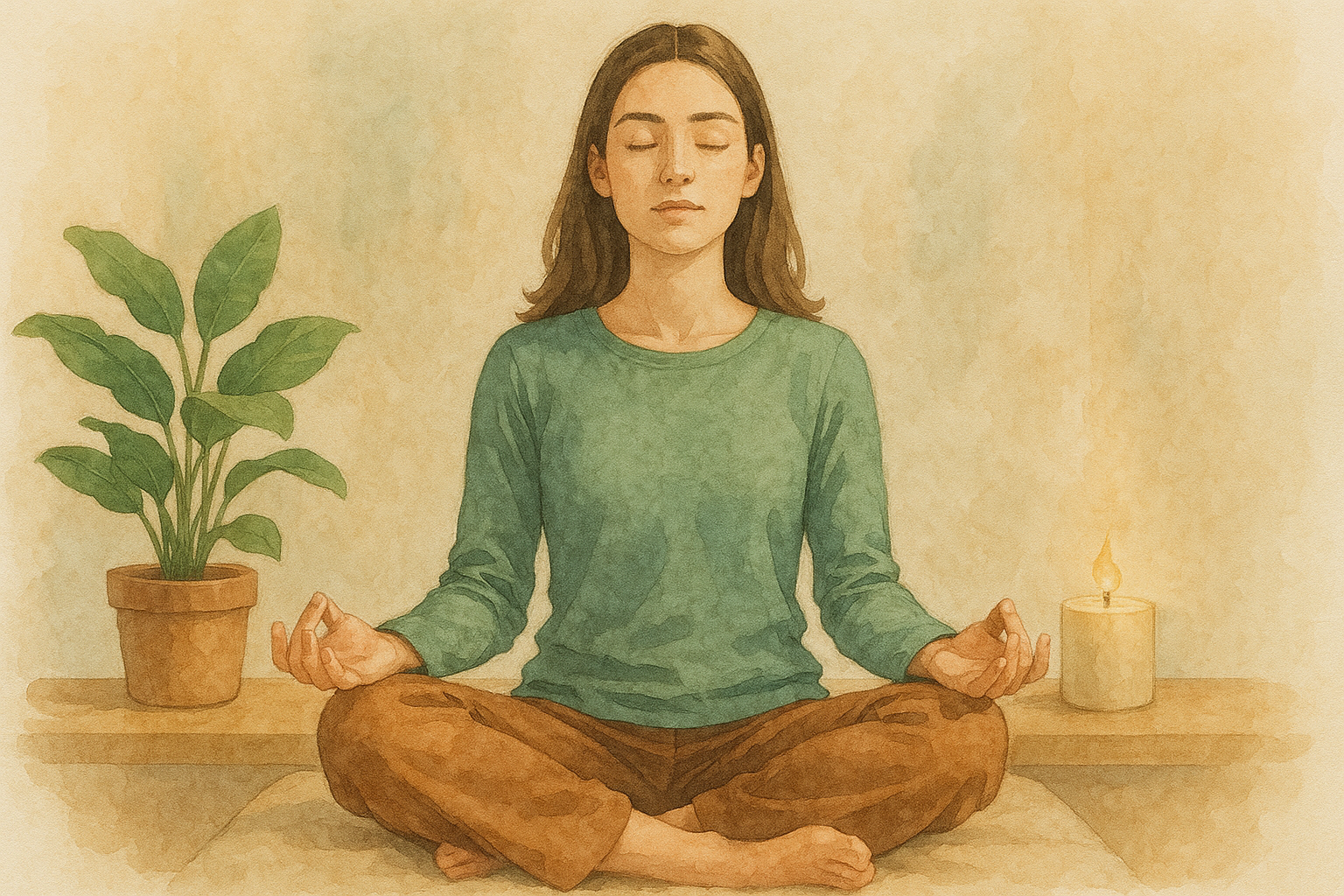 명상하는 여인과 잔잔한 풍경