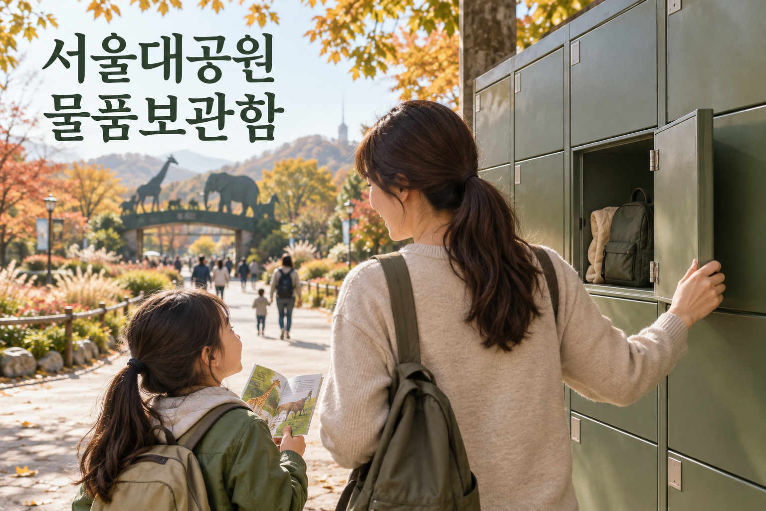 서울대공원 나들이에서 작은 가방을 보관함에 넣고 관람을 준비하는 모습