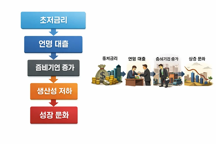 초저금리가 성장둔화로 연결되는 구조 @AI생성