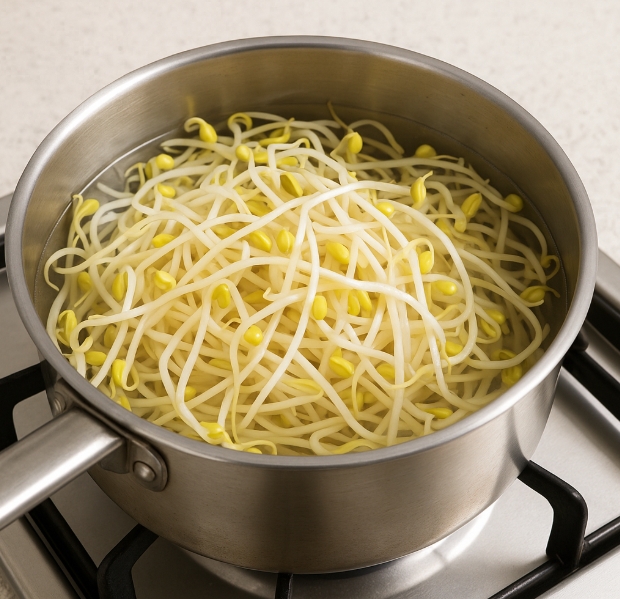 가스레인지 위에 놓인 스테인리스 냄비에 콩나물을 삶고 있는 이미지. 노란 콩나물 머리가 선명하게 보이며, 맑은 물 위로 김이 살짝 올라오고 있다.