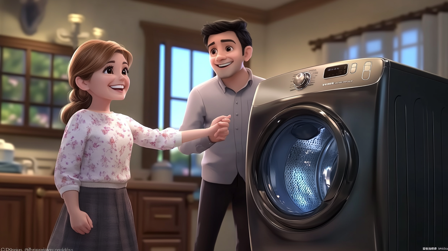 사용자 친화적 기술이 강조된 진보된 삼성 세탁기를 사용하는 행복한 고객들의 일러스트레이션