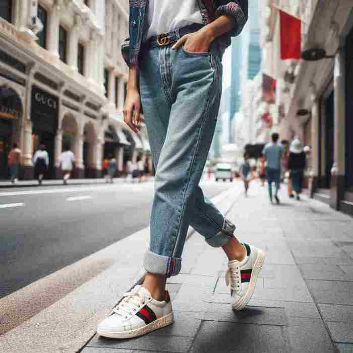 구찌 에이스 스니커즈와 청바지, 티셔츠의 조합으로 세련된 캐주얼 룩