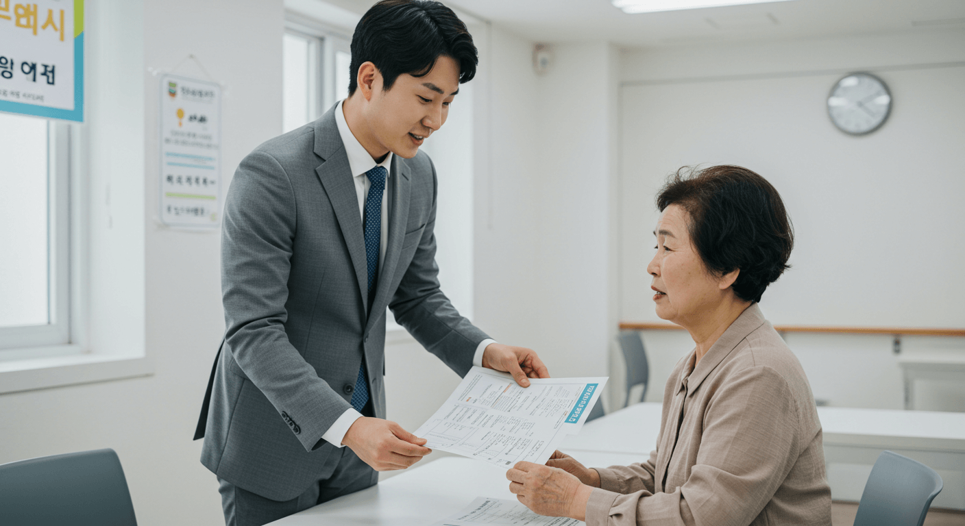 주민센터에서 남성 담당 공무원이 생활지원금 신청 조건을 할머니에게 설명하는 모습 2