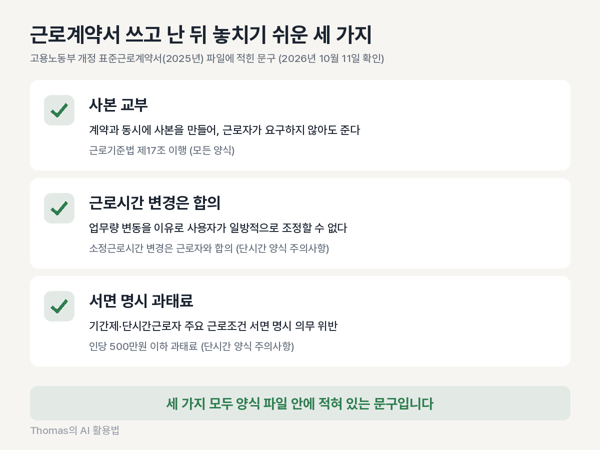 계약서 작성 뒤 사본 교부, 근로시간 변경 합의, 과태료 주의 세 가지를 정리한 점검 카드