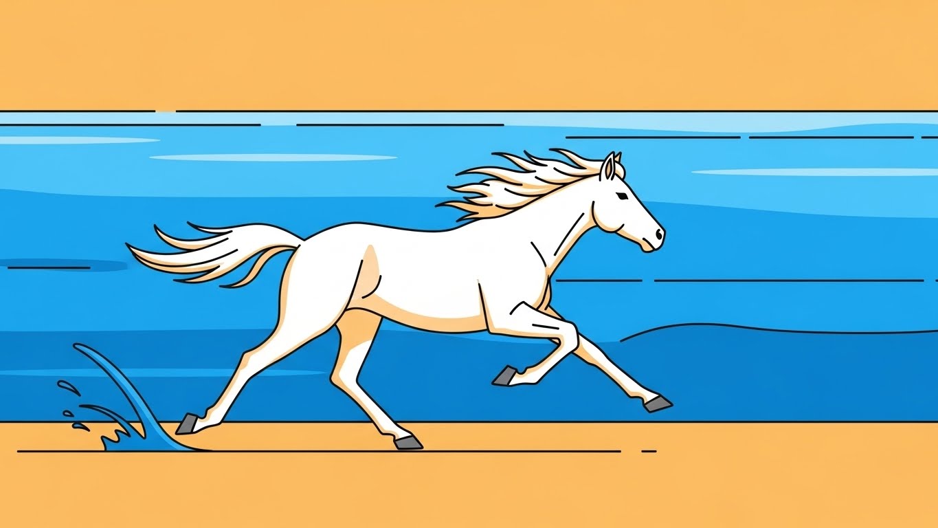 푸른 해안선을 따라 거침없이 질주하는 역동적인 말 캐릭터의 2D 플랫 벡터 일러스트