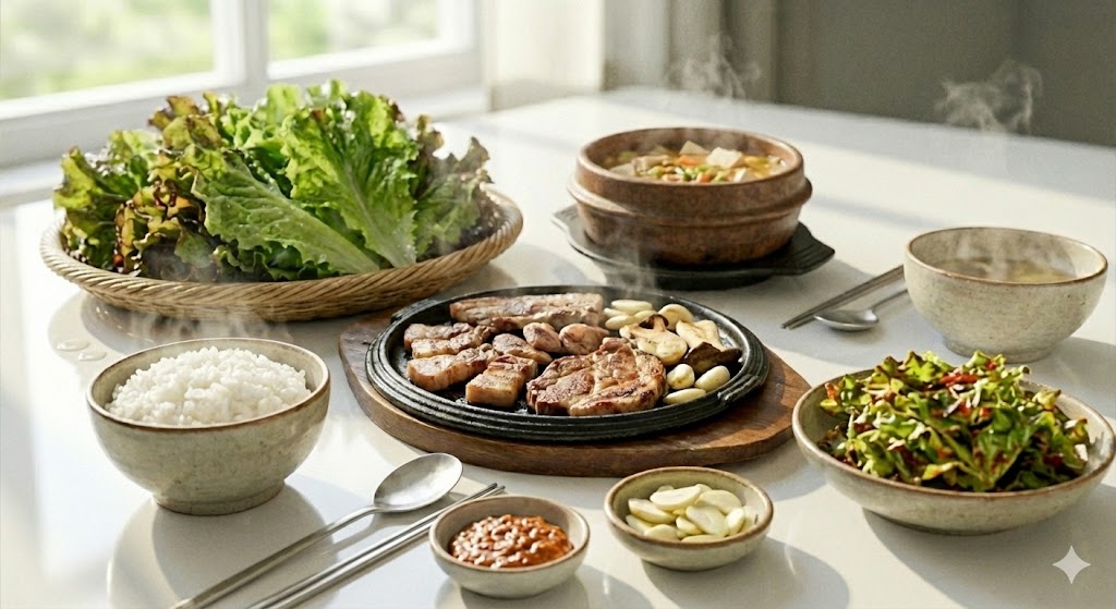고기의 기름진 맛을 깔끔하게 잡아주는 싱그러운 상추와 노릇하게 구워진 삼겹살의 조화