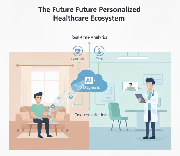 웨어러블 기기에서 수집된 실시간 생체 데이터가 클라우드와 AI 분석을 거쳐 원격지의 의료진에게 전달되고, 이를 통해 환자가 장소에 구애받지 않고 맞춤형 진료를 받는 디지털 헬스케어 통합 프로세스 인포그래픽 이미지