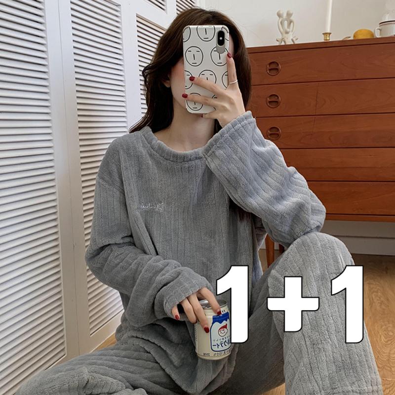 1+1 리빙스튜디오 수면 잠옷 상하의 세트 골지 벨벳 겨울 잠옷