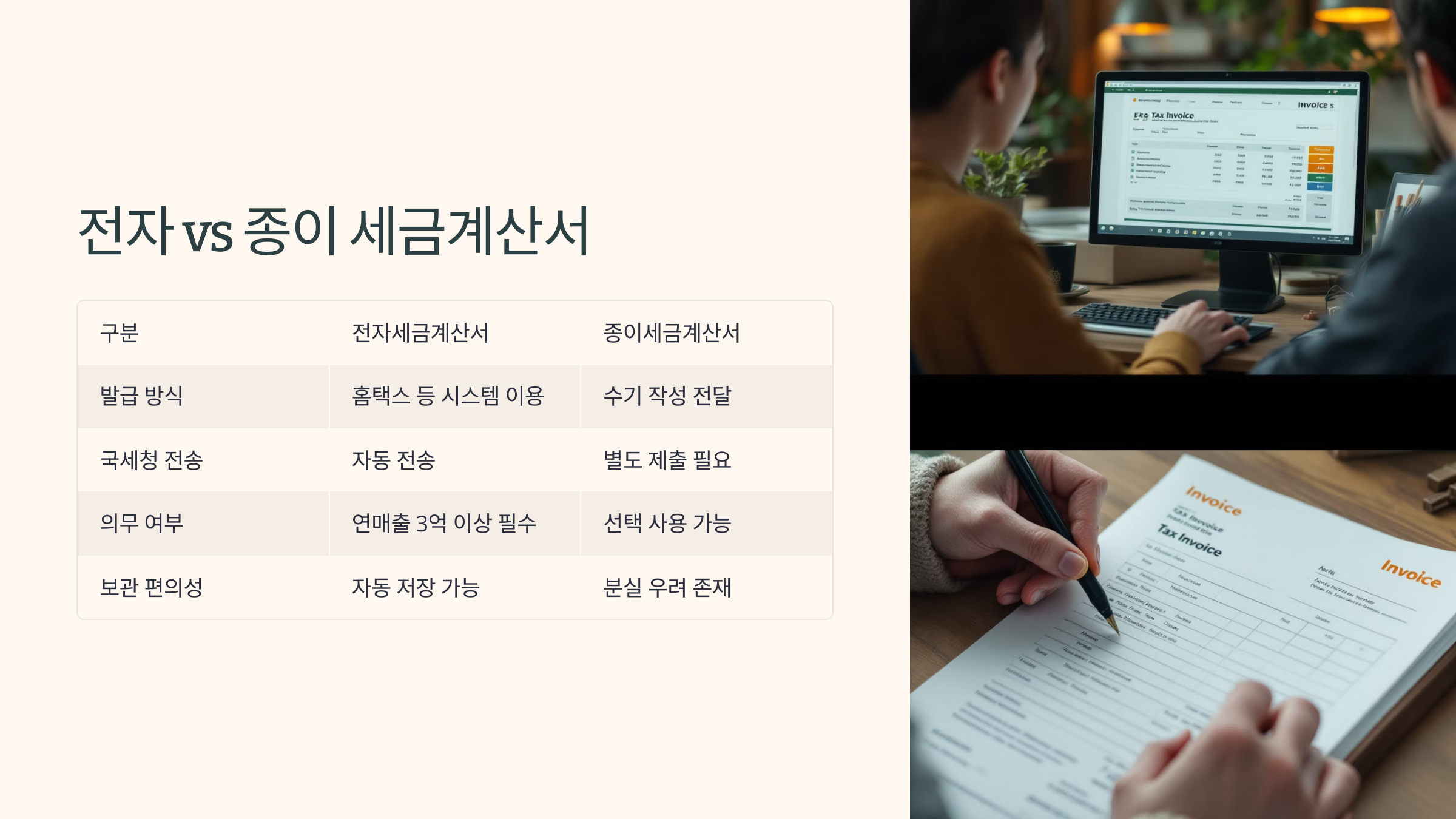위쪽에는 인터넷을 이용해서 세금 계산서를 확인하고 있고 아래는 종이로 된 세금계산서를 발급받아 확인하고 있다.