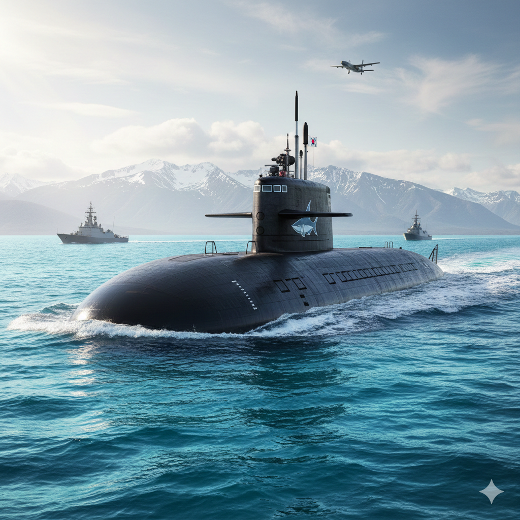푸른 바다 위를 장엄하게 항해하는 대한민국 한화오션의 3,000톤급 장보고-III 잠수함 주위로 현대차·한화 로고가 배치된 60조 원 규모 캐나다 잠수함 수주전 분석 이미지