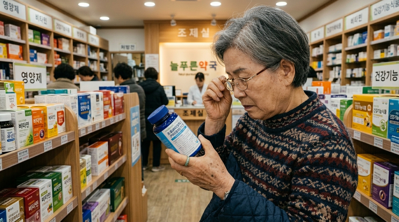 유산균 제품을 확인하는 한국 어르신