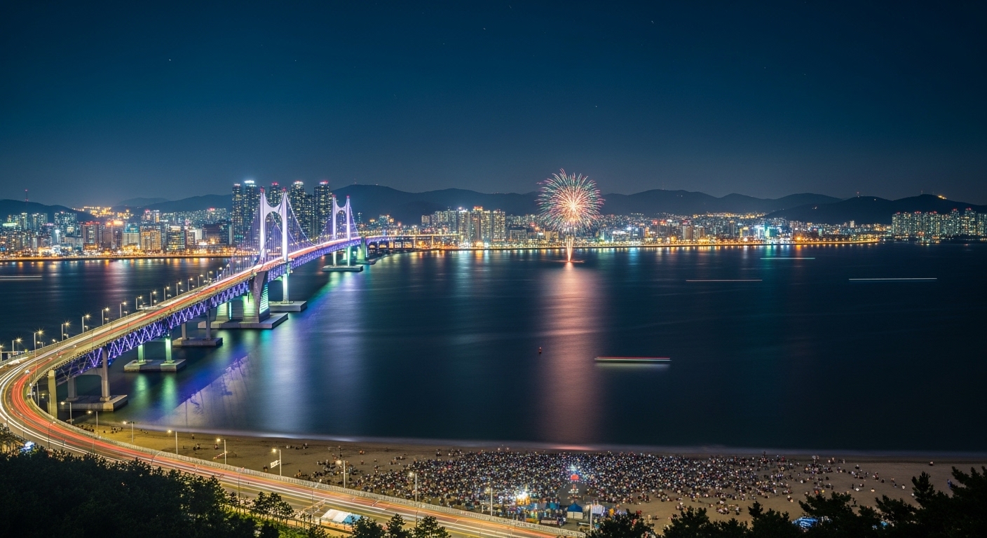 불꽃축제 명당으로 유명한 이기대 공원에서 바라본 광안대교와 부산 야경.
