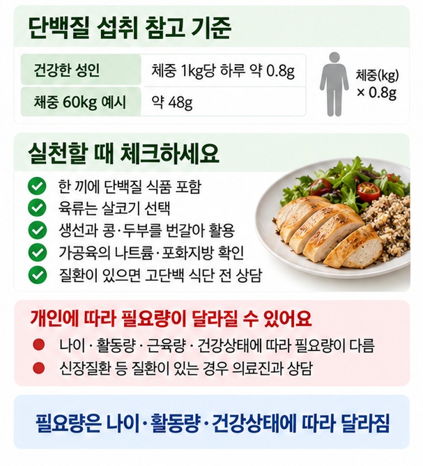 체중 1kg당 하루 0.8g 기준과 살코기 선택, 생선과 콩류 활용, 가공육 줄이기를 정리한 체크리스트 이미지