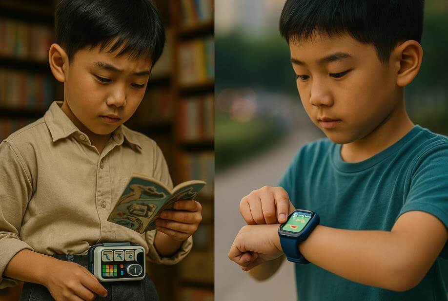 당시 소년의 허리띠형 장난감과 현대 소년의 스마트워치 비교 장면