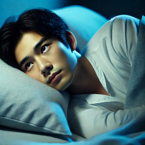 불면증으로 잠 못 이루는 동양인 남성이 침대에 누워 천장을 바라보는 모습